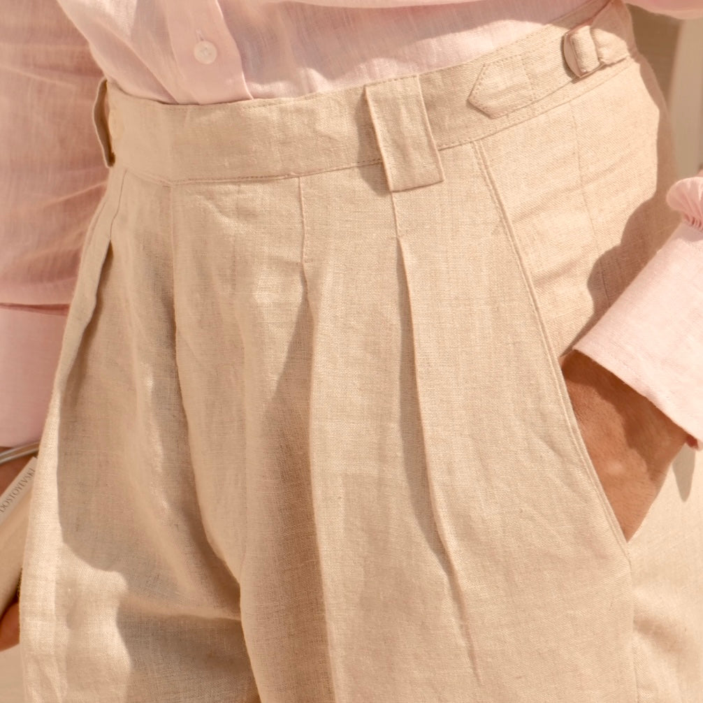 LINEN BIEGE DOUBLE PLEATED  GURKHA PANTS