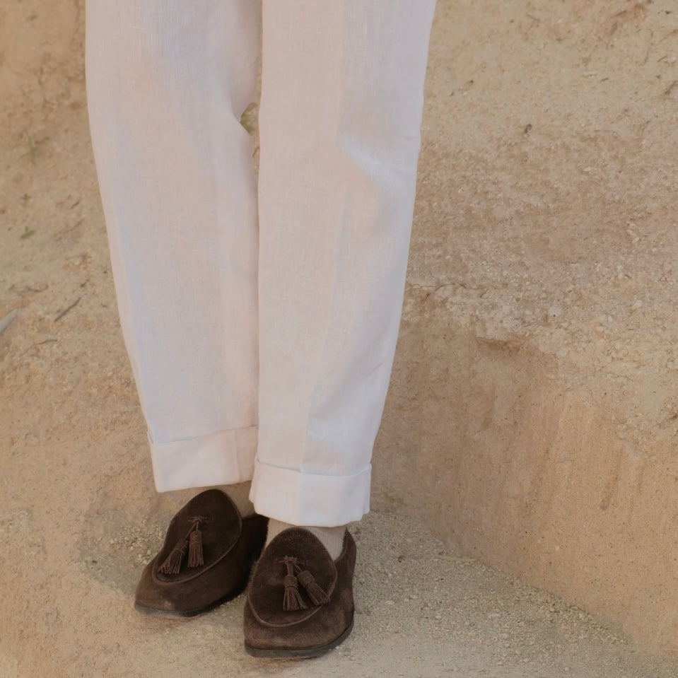 LINEN WHITE DOUBLE PLEATED GURKHA PANTS