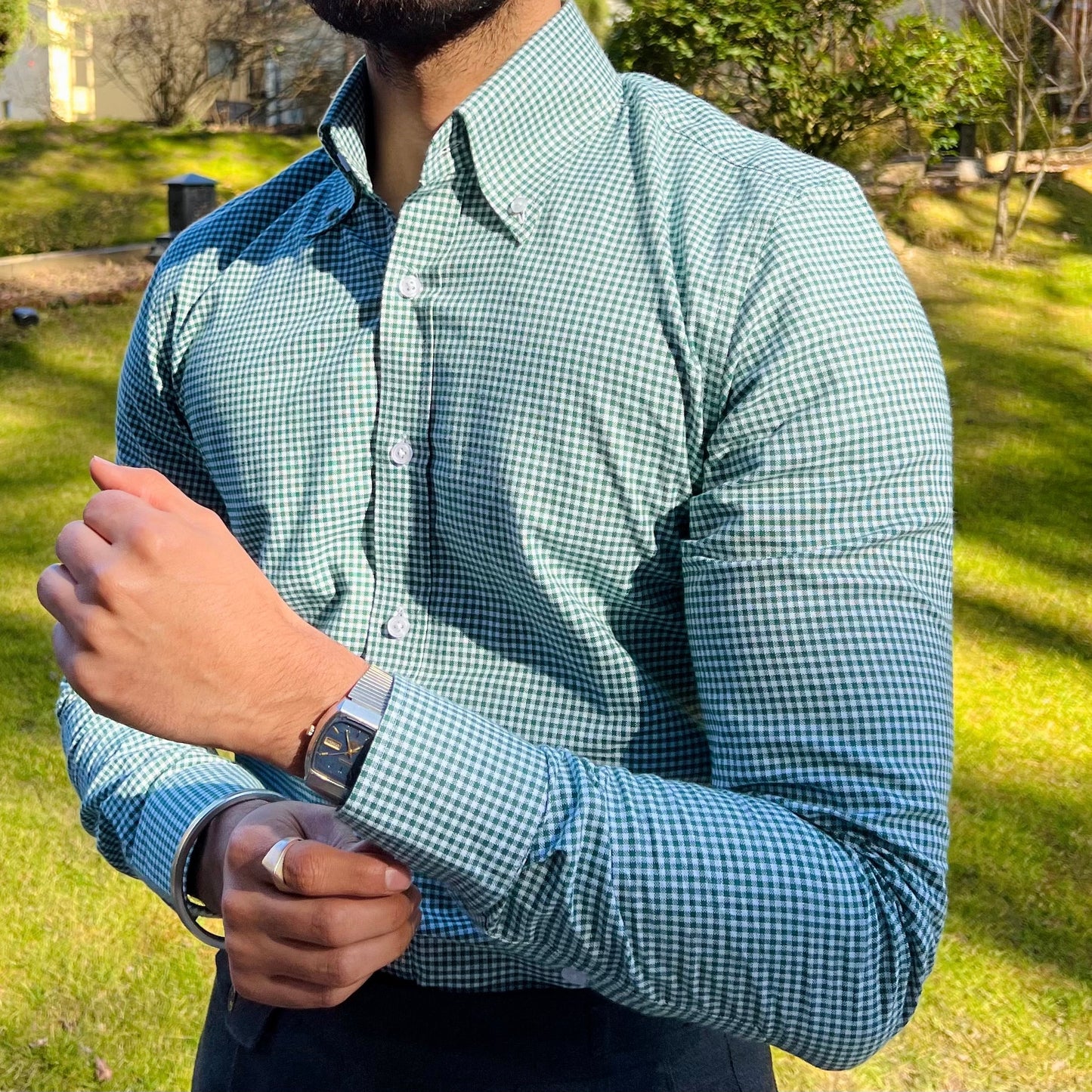 GREEN GINGHAM CHECKERED OXFORD SHIRT